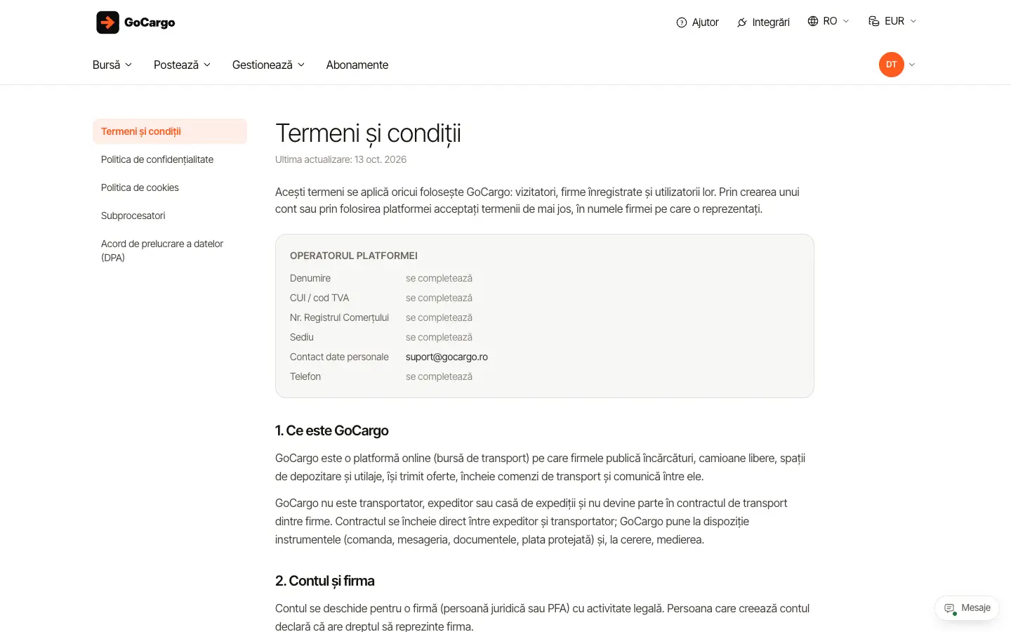 Termeni, confidențialitate, cookie-uri și DPA: Termenii și condițiile