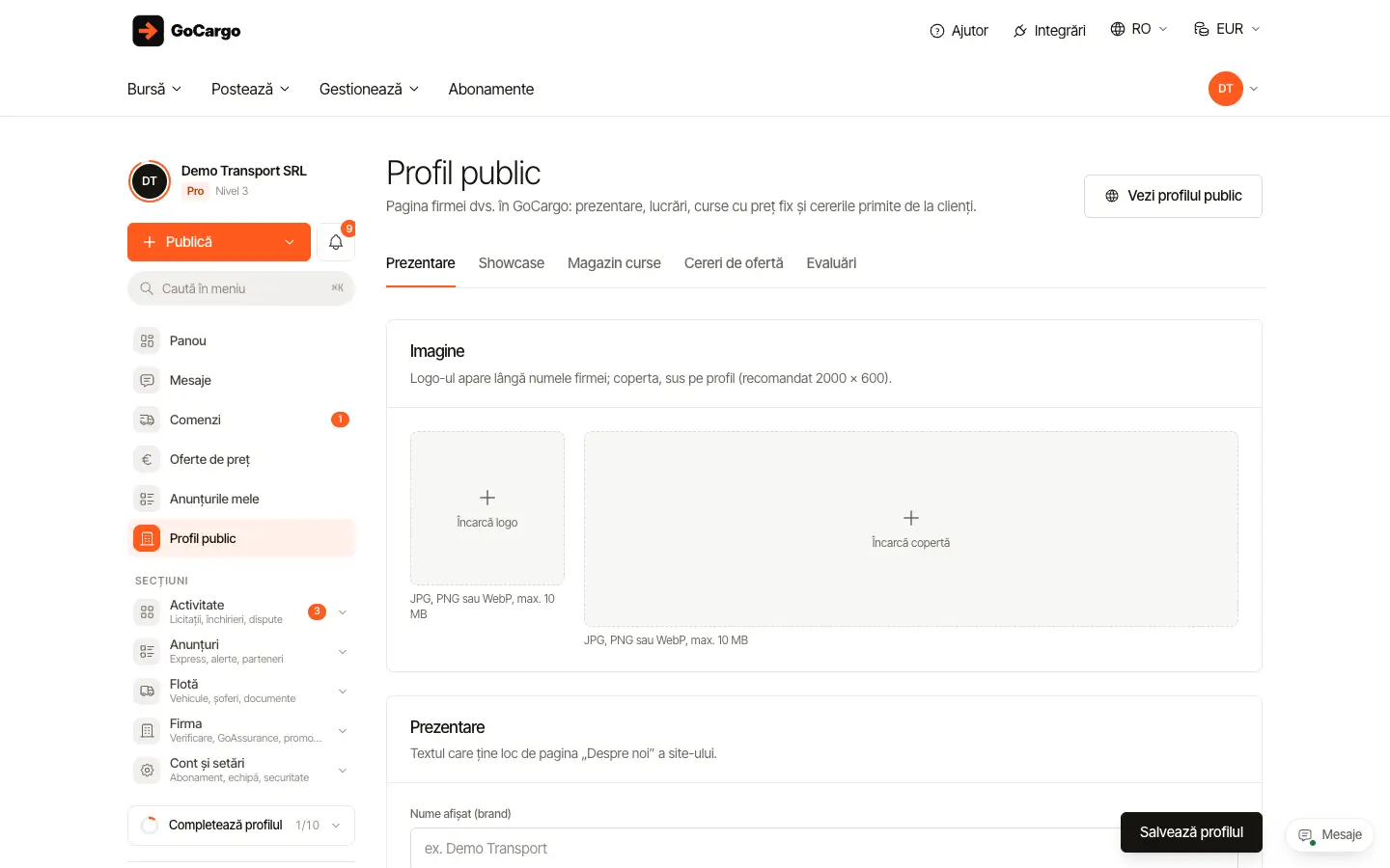 Configurați profilul public al firmei: Prezentare: imagine și text